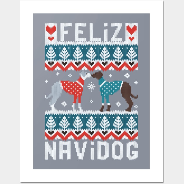 Feliz Navidog witty wordplay fair isle greyhounds // spot // grey background cute dogs dressed with teal and red knitted Christmas ugly sweaters pixel art Wall Art by SelmaCardoso